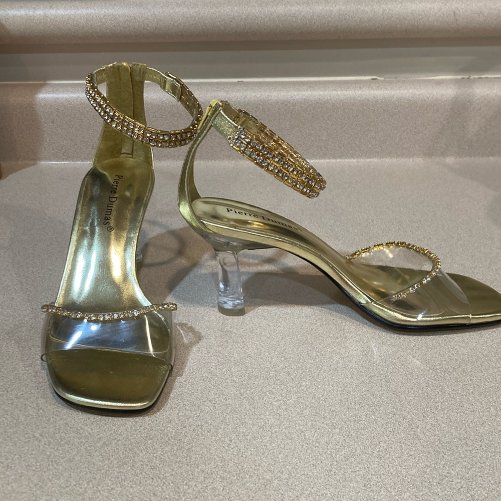 Pierre Dumas gold rhinestone and lucite strappy heels NIB size 5.5M